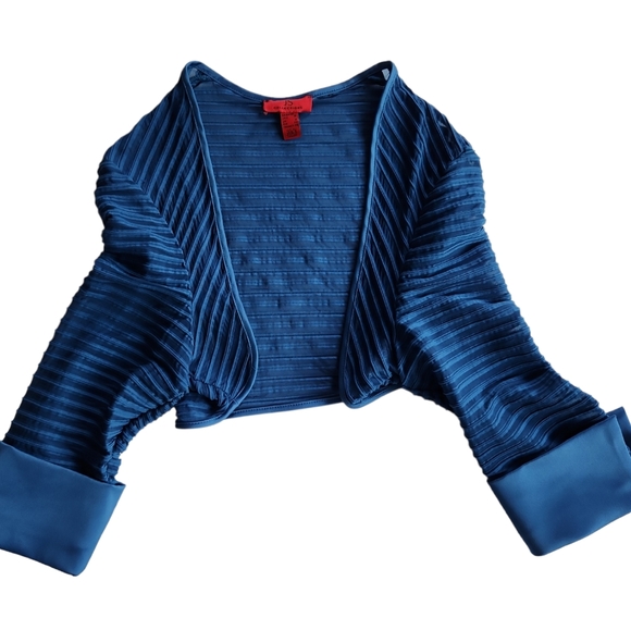 JS Collections NWT Semi-Opaque Ribbed Open Front Cropped Ocean Blue Bolero 16 - Picture 2 of 7